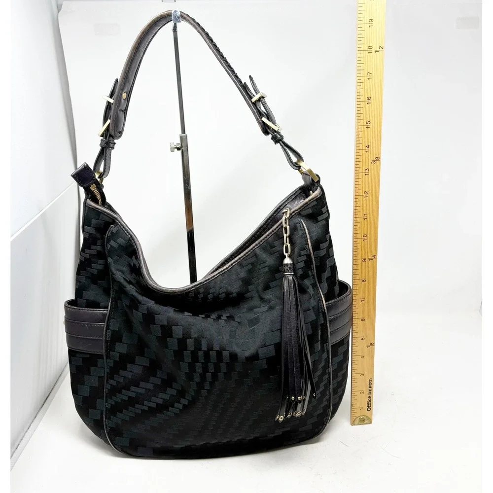 Cole Haan Black Checkered Fabric Leather Hobo Bag Tassel Gold Hardware